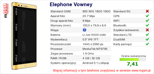 Dane telefonu Elephone Vowney