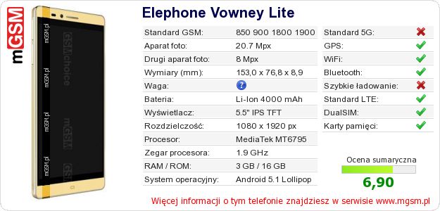 Dane telefonu Elephone Vowney Lite