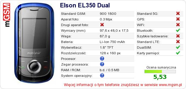 Dane telefonu Elson EL350 Dual Dane telefonu Elson EL350 Dual