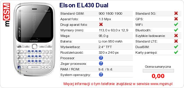 Dane telefonu Elson EL430 Dual Dane telefonu Elson EL430 Dual