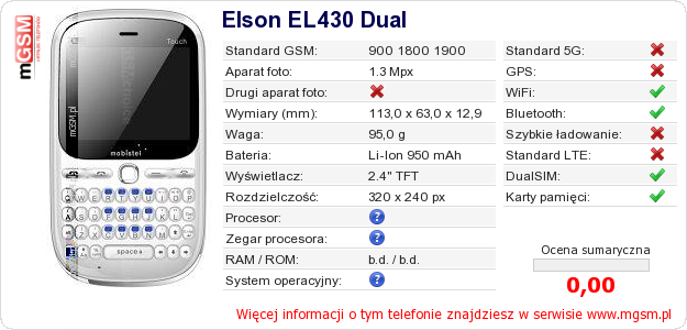 Dane telefonu Elson EL430 Dual