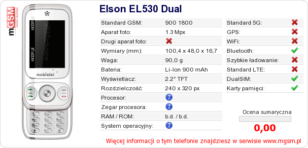 Dane telefonu Elson EL530 Dual