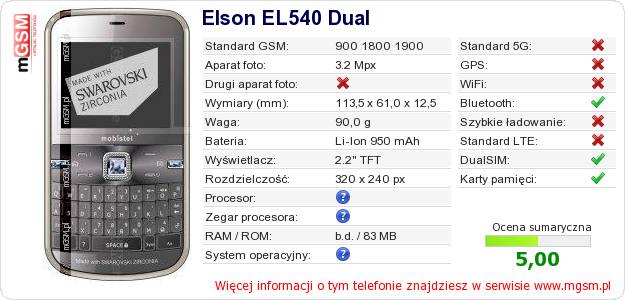 Dane telefonu Elson EL540 Dual