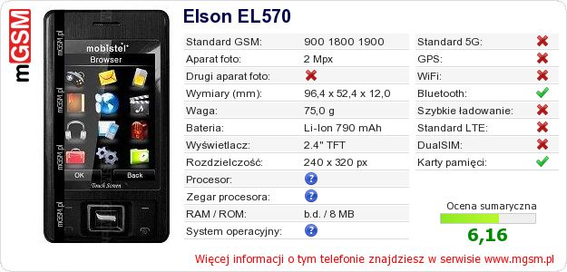 Dane telefonu Elson EL570