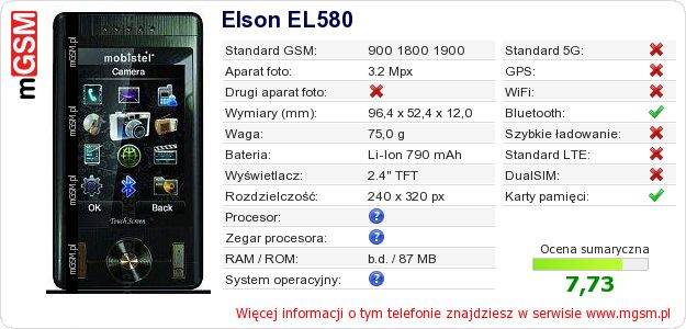 Dane telefonu Elson EL580
