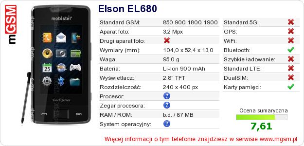 Dane telefonu Elson EL680 Dane telefonu Elson EL680