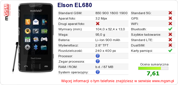 Dane telefonu Elson EL680 Dane telefonu Elson EL680