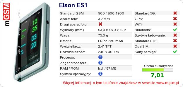 Dane telefonu Elson ES1