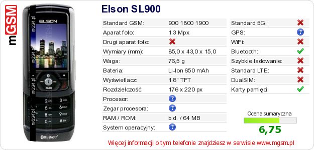 Dane telefonu Elson SL900 Dane telefonu Elson SL900
