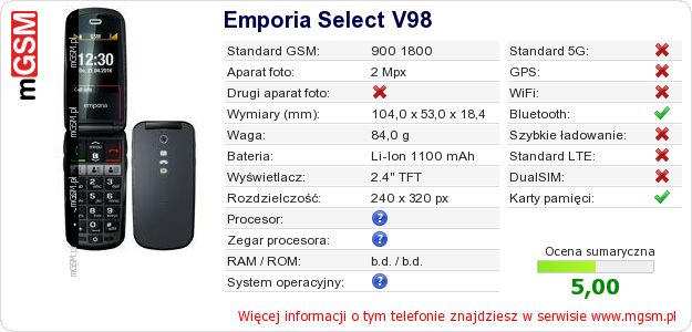 Dane telefonu Emporia Select V98 Dane telefonu Emporia Select V98