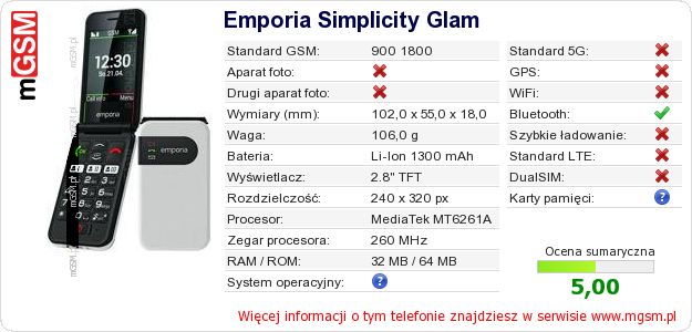 Dane telefonu Emporia Simplicity Glam