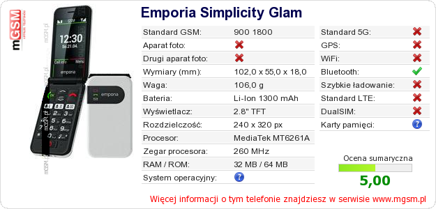 Dane telefonu Emporia Simplicity Glam