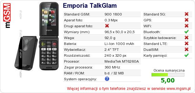 Dane telefonu Emporia TalkGlam