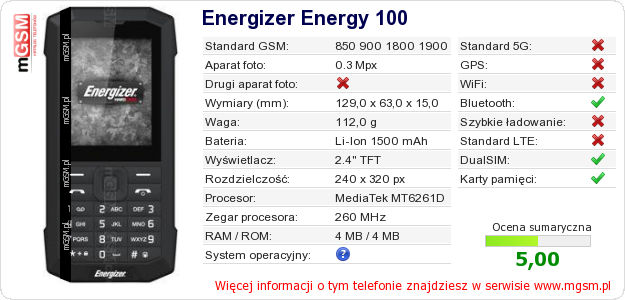 Dane telefonu Energizer Energy 100