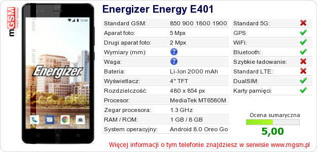 Dane telefonu Energizer Energy E401