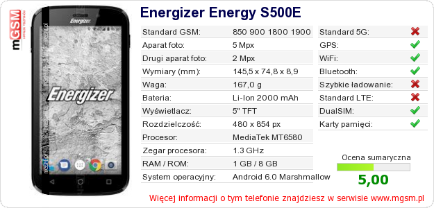 Dane telefonu Energizer Energy S500E