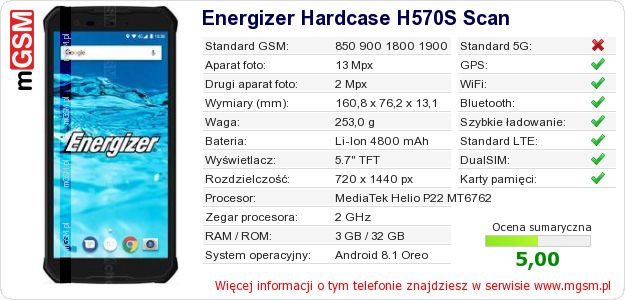 Dane telefonu Energizer Hardcase H570S Scan Dane telefonu Energizer Hardcase H570S Scan