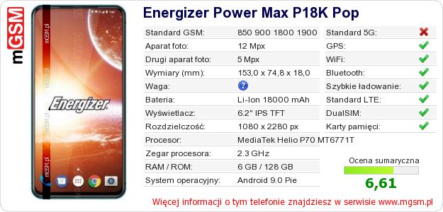Dane telefonu Energizer Power Max P18K Pop