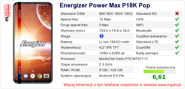 Dane telefonu Energizer Power Max P18K Pop