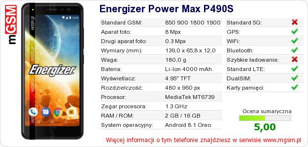Dane telefonu Energizer Power Max P490S Dane telefonu Energizer Power Max P490S