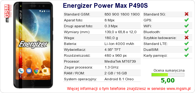 Dane telefonu Energizer Power Max P490S Dane telefonu Energizer Power Max P490S