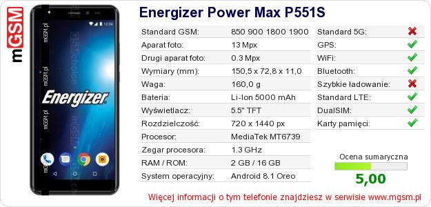 Dane telefonu Energizer Power Max P551S Dane telefonu Energizer Power Max P551S