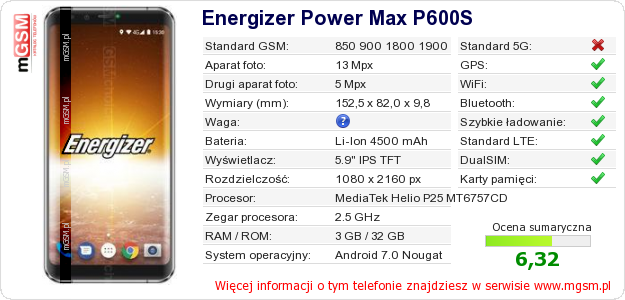 Dane telefonu Energizer Power Max P600S