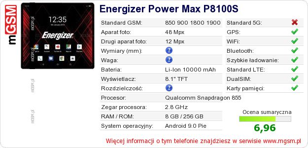 Dane telefonu Energizer Power Max P8100S