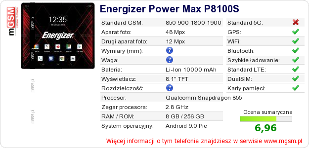 Dane telefonu Energizer Power Max P8100S Dane telefonu Energizer Power Max P8100S