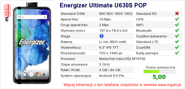 Dane telefonu Energizer Ultimate U630S POP Dane telefonu Energizer Ultimate U630S POP