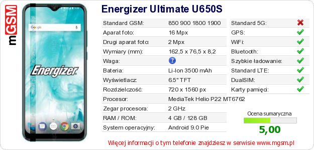 Dane telefonu Energizer Ultimate U650S Dane telefonu Energizer Ultimate U650S