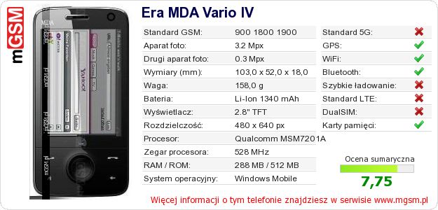 Dane telefonu Era MDA Vario IV
