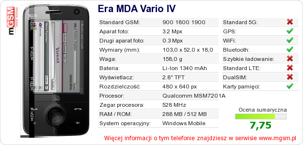 Dane telefonu Era MDA Vario IV