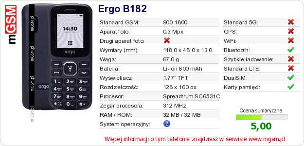 Dane telefonu Ergo B182 Dane telefonu Ergo B182