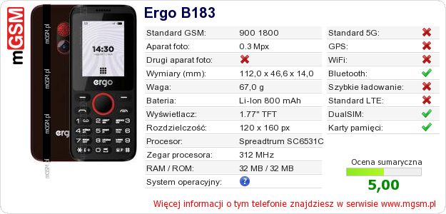 Dane telefonu Ergo B183