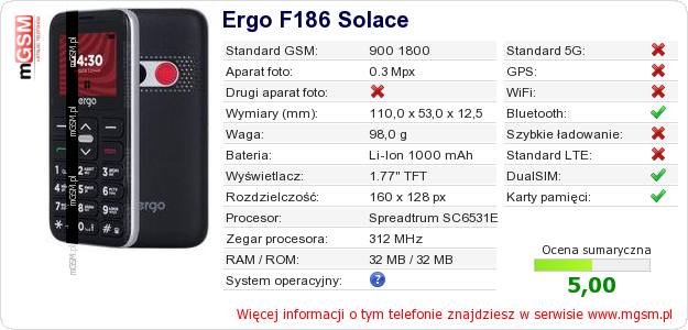 Dane telefonu Ergo F186 Solace Dane telefonu Ergo F186 Solace