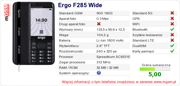 Dane telefonu Ergo F285 Wide Dane telefonu Ergo F285 Wide