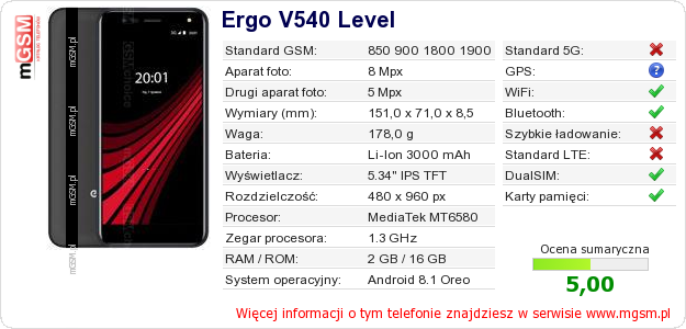 Dane telefonu Ergo V540 Level Dane telefonu Ergo V540 Level