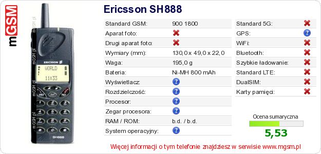 Dane telefonu Ericsson SH888