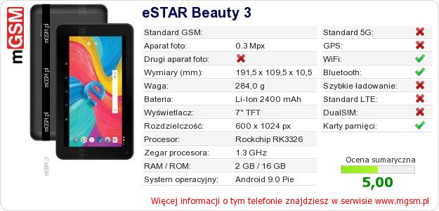 Dane telefonu eSTAR Beauty 3 Dane telefonu eSTAR Beauty 3