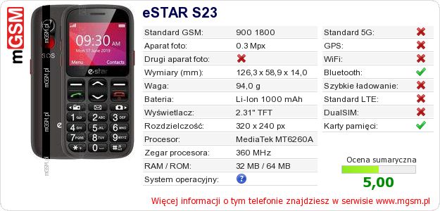 Dane telefonu eSTAR S23