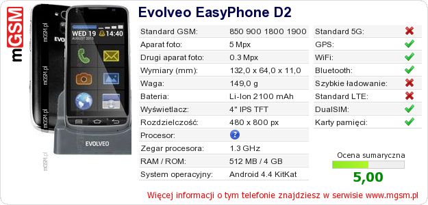Dane telefonu Evolveo EasyPhone D2