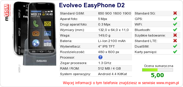 Dane telefonu Evolveo EasyPhone D2 Dane telefonu Evolveo EasyPhone D2
