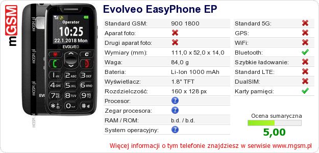 Dane telefonu Evolveo EasyPhone EP Dane telefonu Evolveo EasyPhone EP
