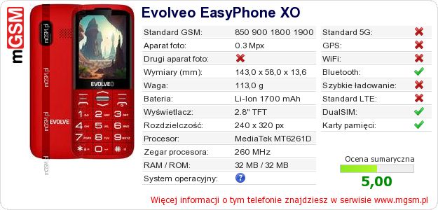 Dane telefonu Evolveo EasyPhone XO