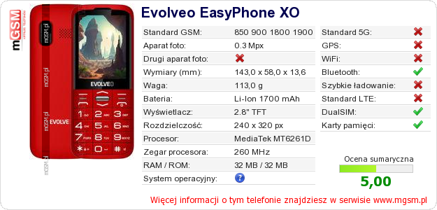 Dane telefonu Evolveo EasyPhone XO