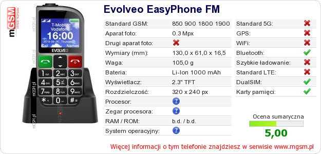Dane telefonu Evolveo EasyPhone FM