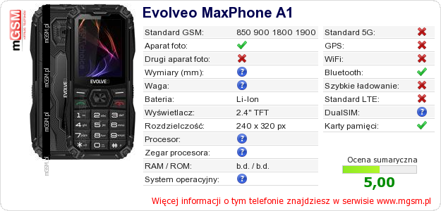 Dane telefonu Evolveo MaxPhone A1 Dane telefonu Evolveo MaxPhone A1