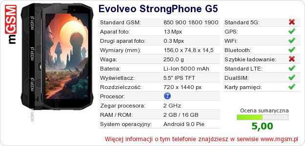 Dane telefonu Evolveo StrongPhone G5