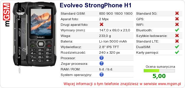 Dane telefonu Evolveo StrongPhone H1